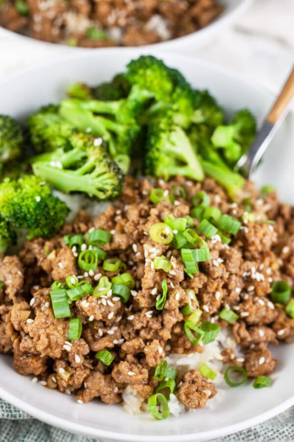 Ground turkey teriyaki bowls with broccoli and rice.