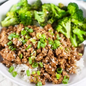 Ground turkey teriyaki bowl with broccoli on rice.