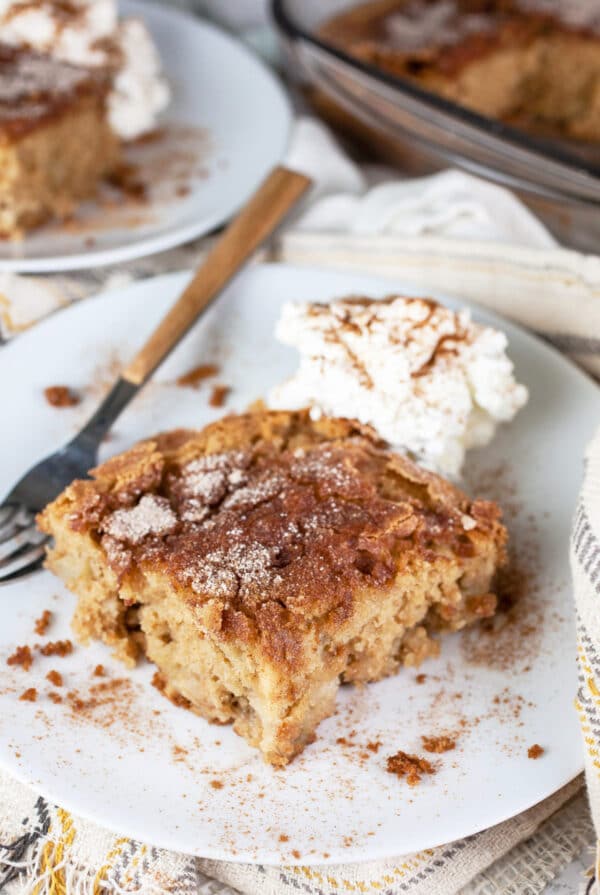 Gluten free apple cake with whipped cream on white plate.