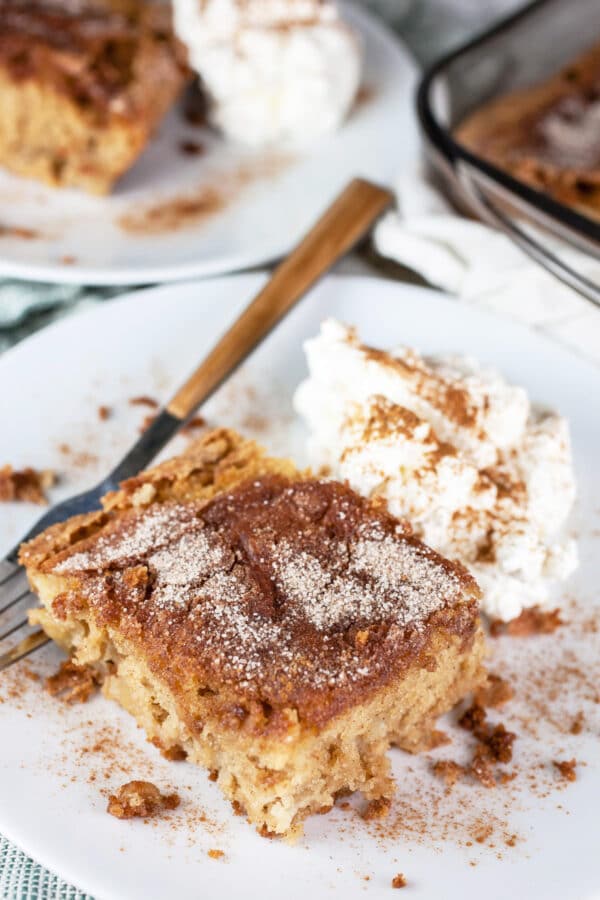 Gluten free cinnamon sugar apple cake with whipped cream on white plates.