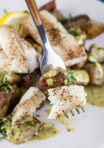 Pesto Baked Cod and Potatoes | The Rustic Foodie®