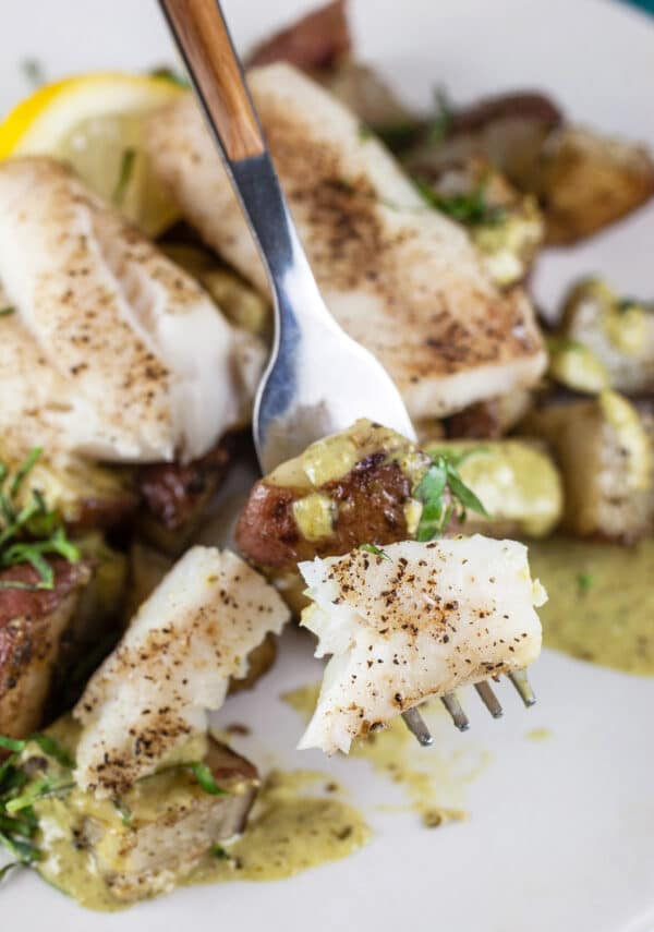 Fork holding baked cod and potatoes in front of white plate.