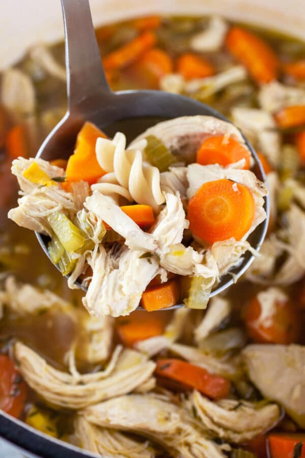 Scoop of cooked chicken noodle soup lifted from Dutch oven.