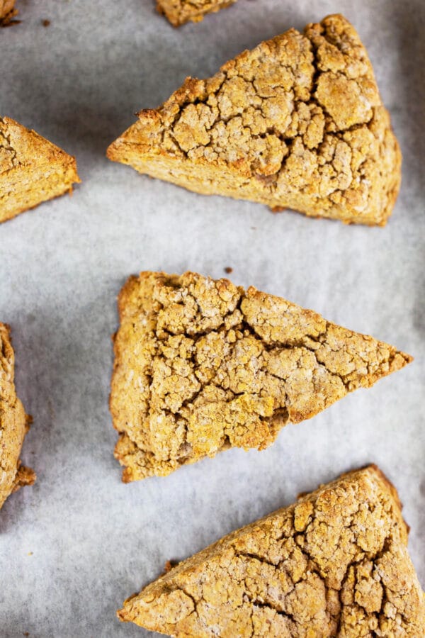 Baked pumpkin scones on parchment paper-lined baking sheet.