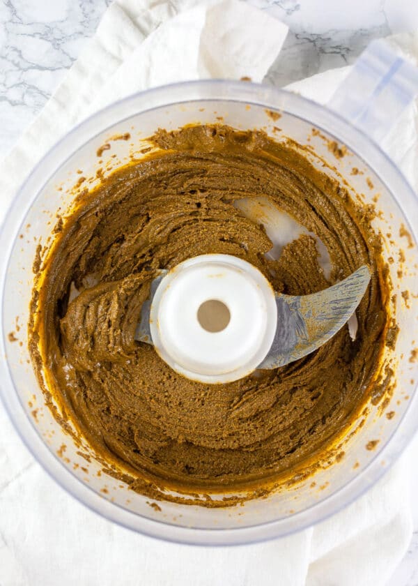 Pistachio butter in food processor.