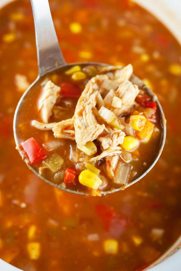 Scoop of cooked chicken corn soup lifted from slow cooker.