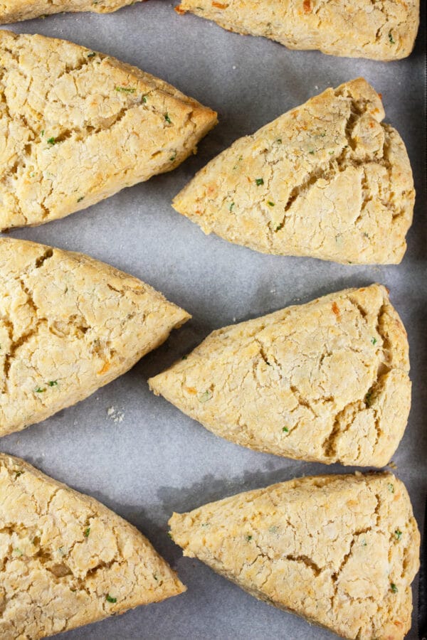 Baked gluten free cheese scones on parchment paper lined baking sheet.