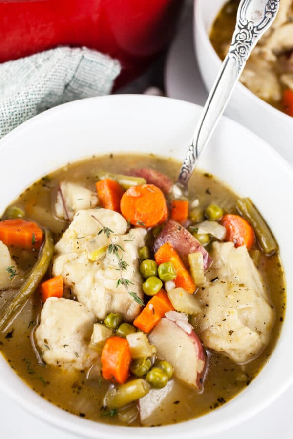 Gluten free vegetable stew with dumplings in white bowl.