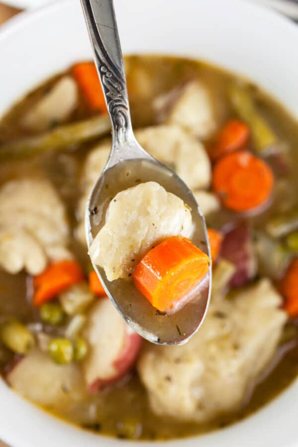Spoonful of vegetable stew with dumplings lifted from white bowl.