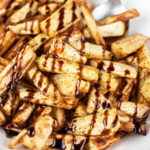 Air fryer parsnips with balsamic glaze.