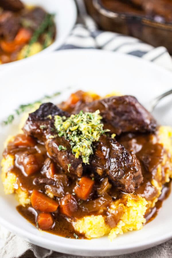 Dutch oven braised boneless Italian short ribs with rosemary gremolata on polenta.