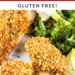 Panko breadcrumb topped baked cod with broccoli and lemon slices.