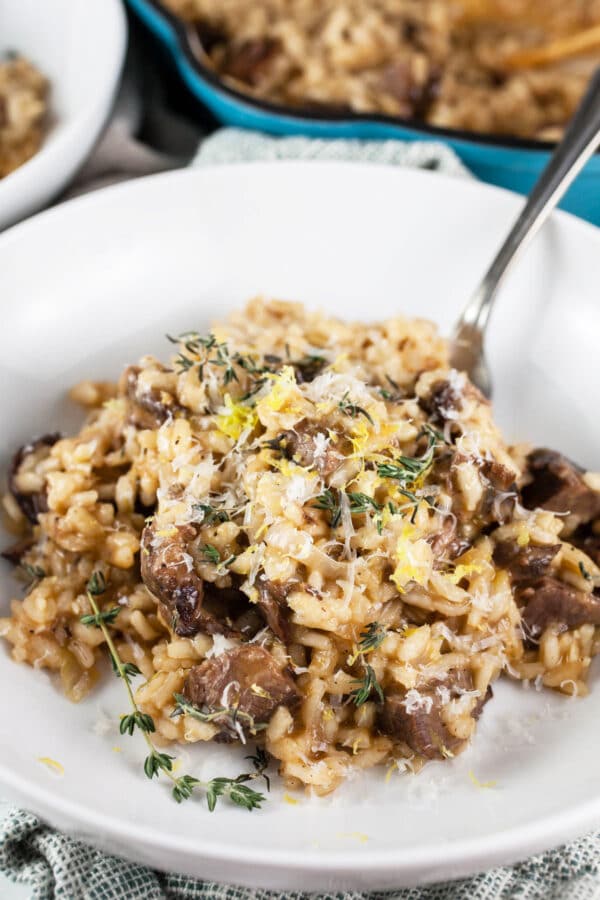 Italian braised beef short rib risotto in white bowl with fork.