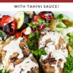 Chicken kofta kebabs with grilled veggies and tahini sauce.