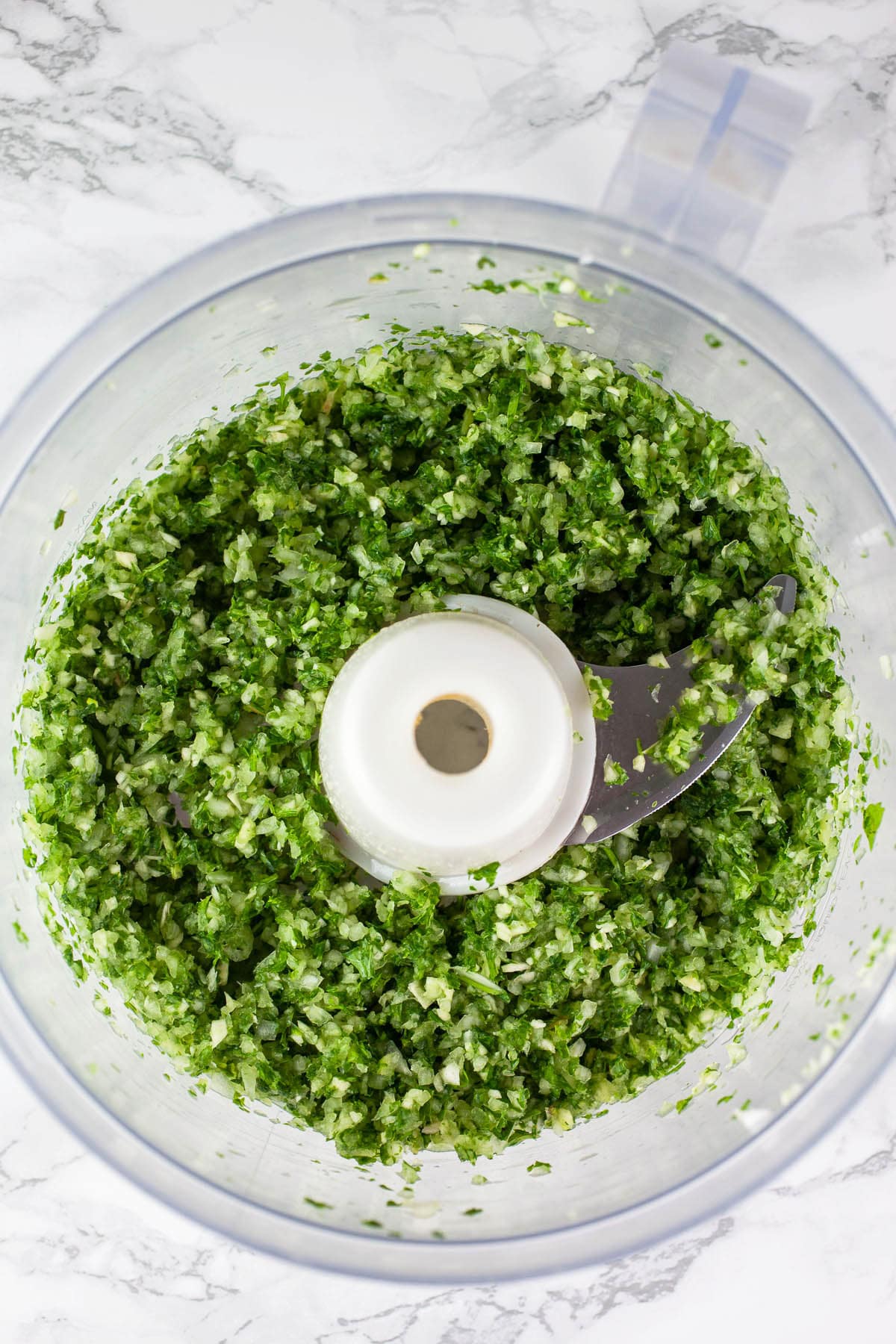 Parsley, mint, garlic, and onions pulsed in food processor.