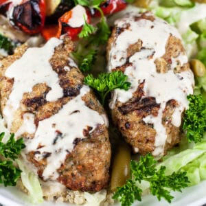 Grilled chicken kofta bowls with tahini sauce.