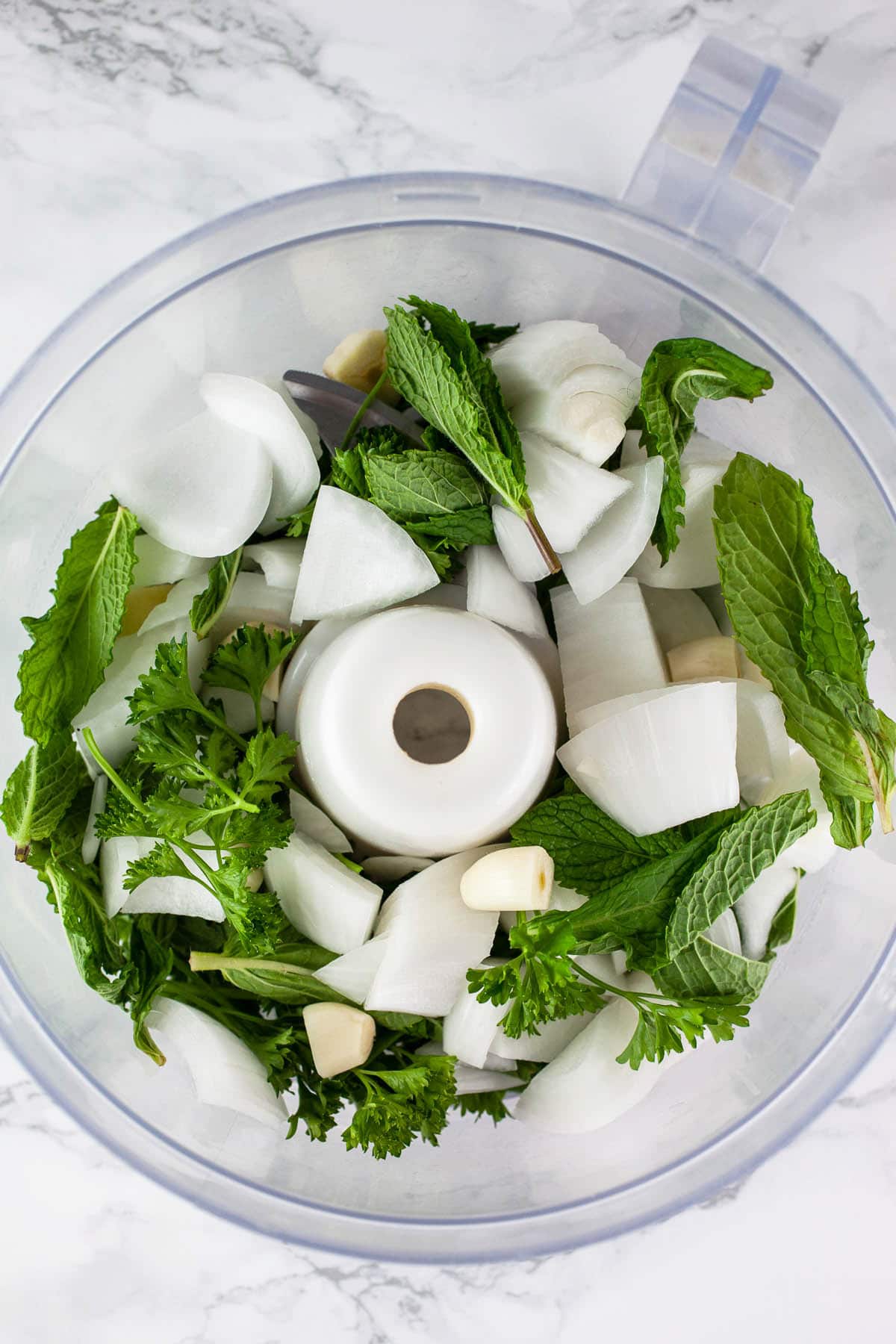 Fresh parsley, mint, garlic, and onion in food processor.
