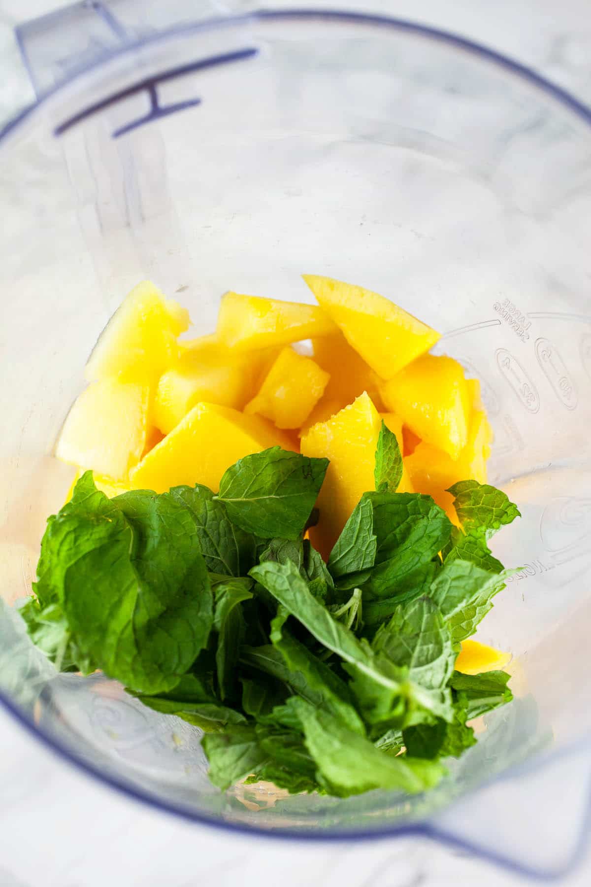 Mango chunks, fresh mint, lime juice, and simple syrup in blender.