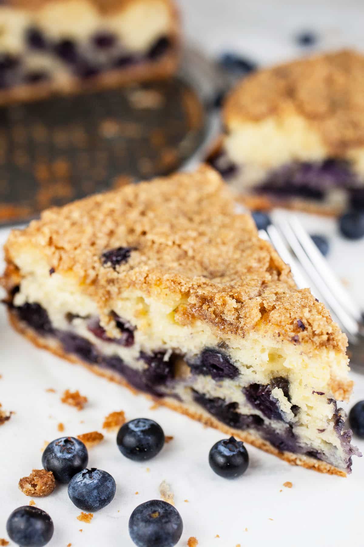 Blueberry buckle coffee cake with streusel topping.
