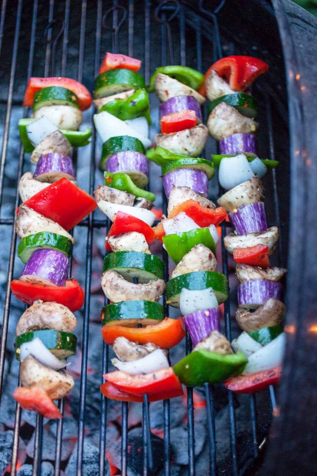 Vegetable skewers cooked on Weber grill.