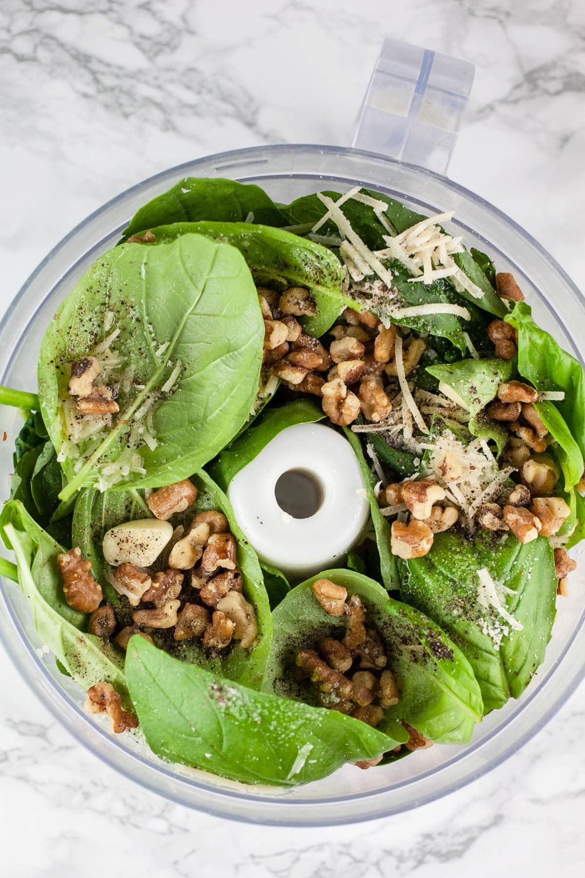 Spinach basil walnut pesto ingredients unpulsed in food processor.