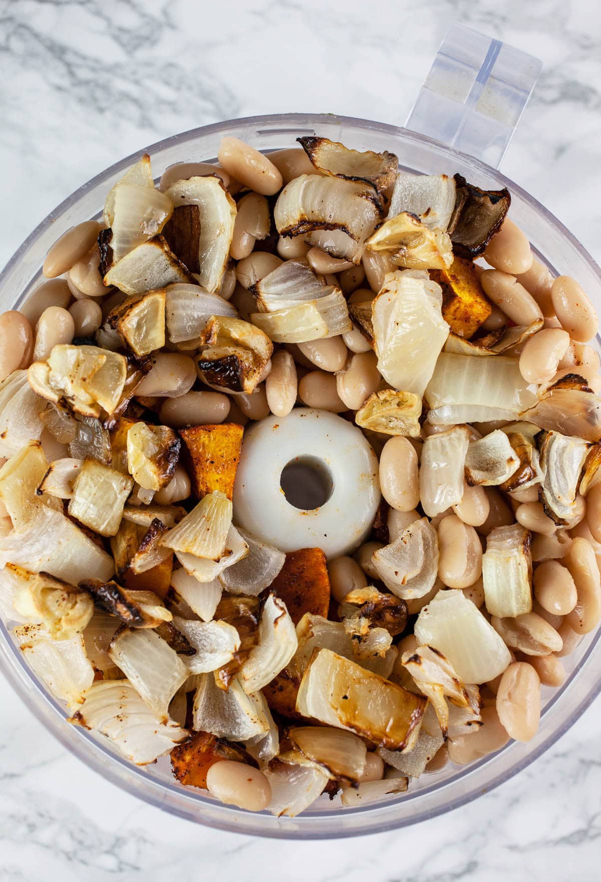 Roasted onions, garlic, squash, and white beans in food processor.
