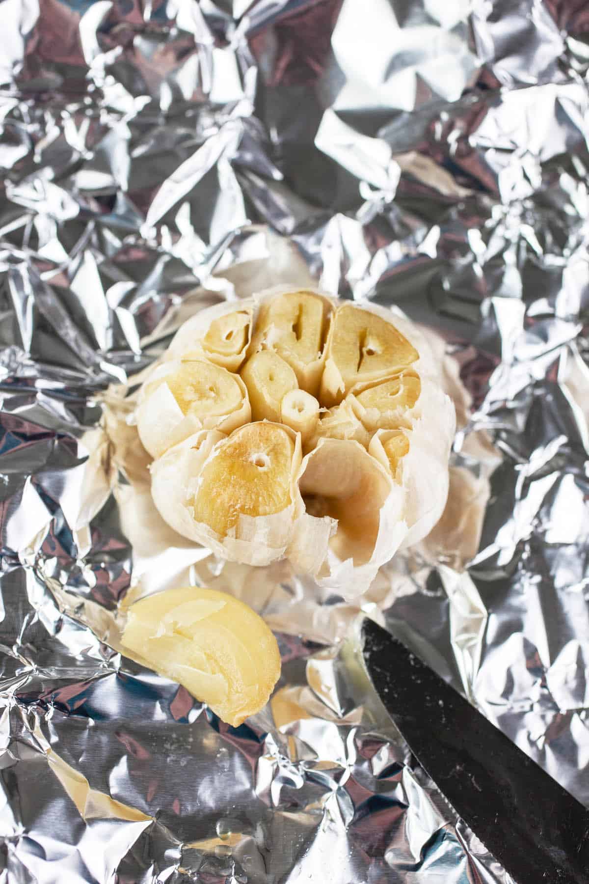 One clove removed from head of roasted garlic on tinfoil.