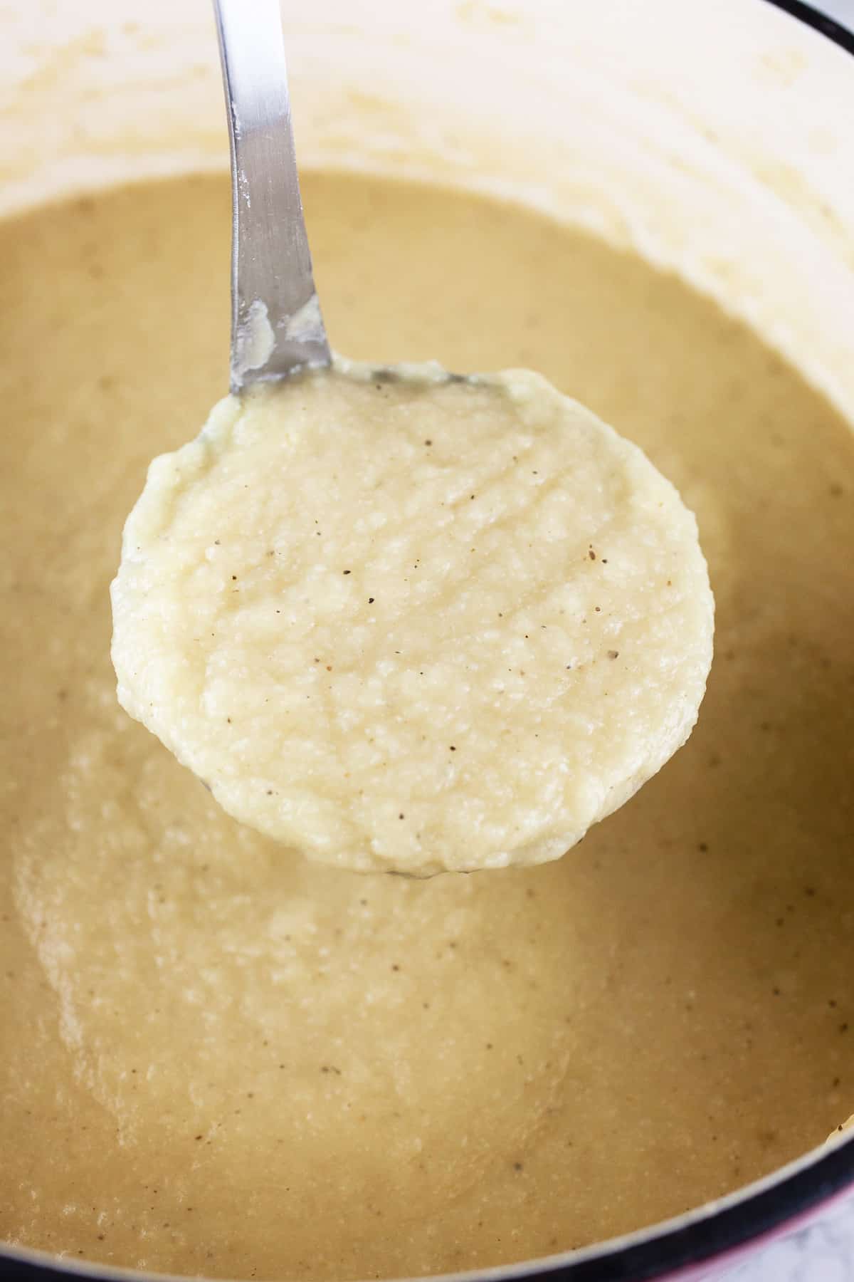 Scoop of pureed potato cauliflower leek soup on metal ladle lifted from Dutch oven.