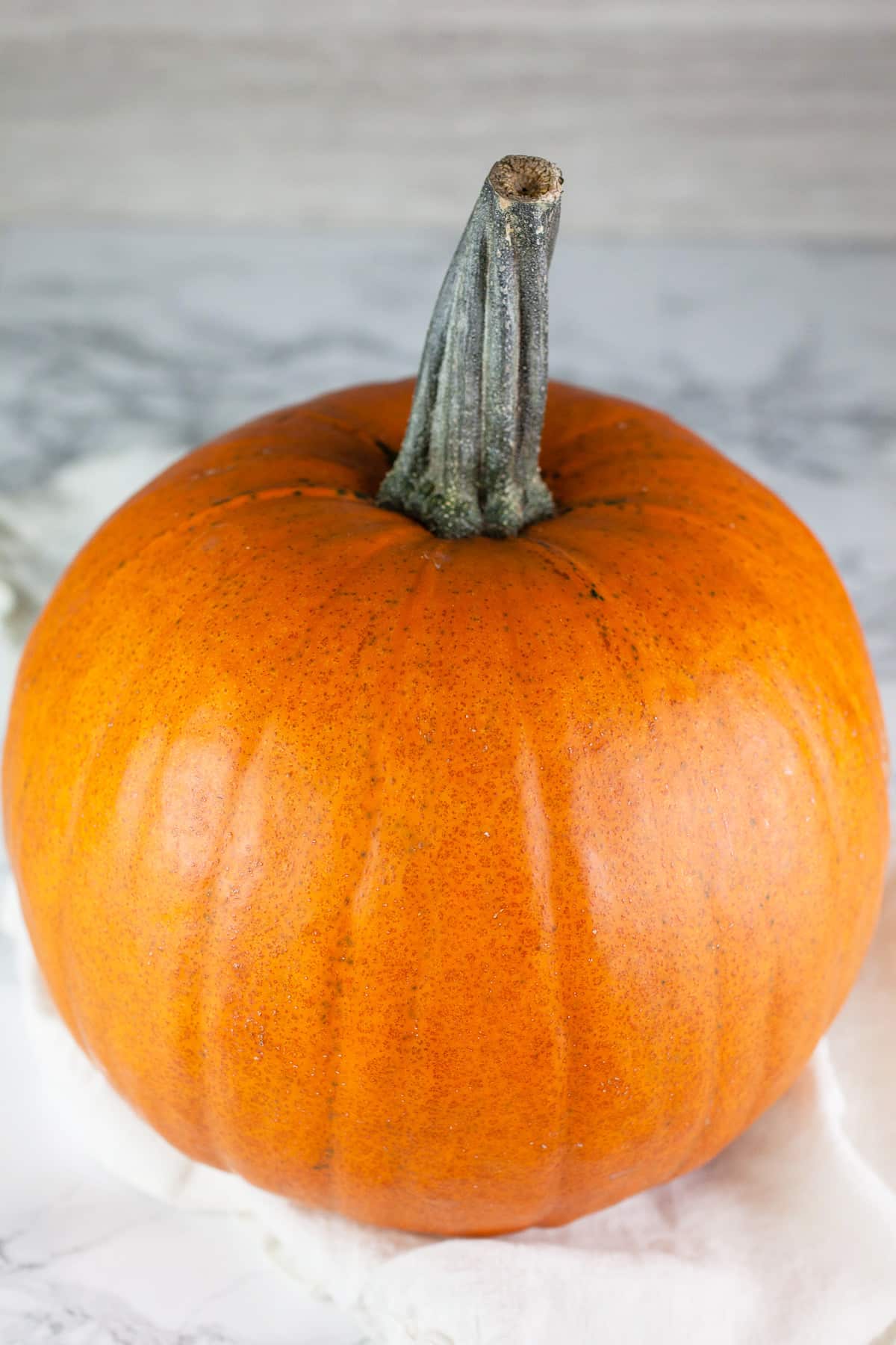 Whole pumpkin on white towel.