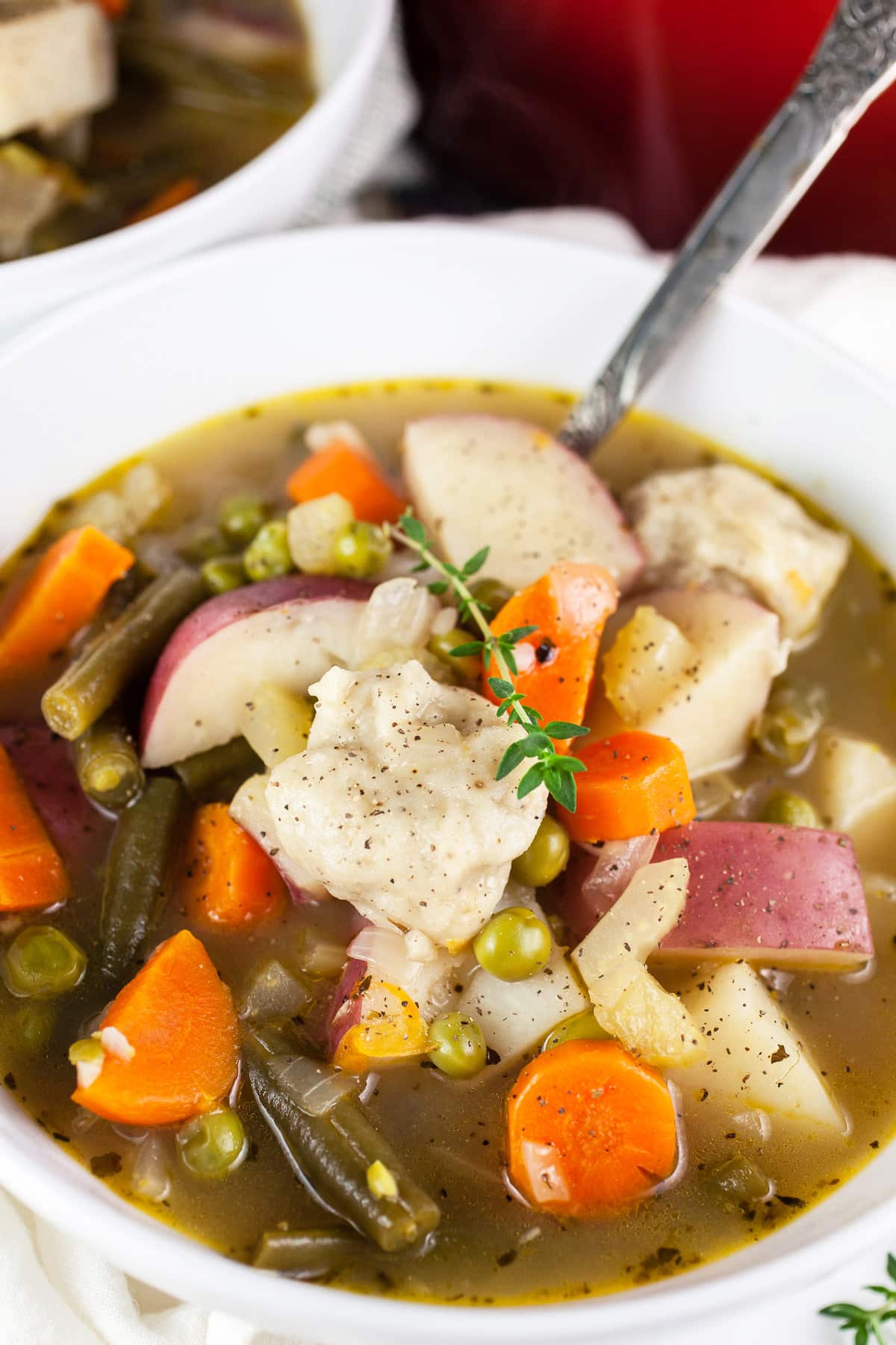 Vegetable stew with dumplings in white bowl with spoon.