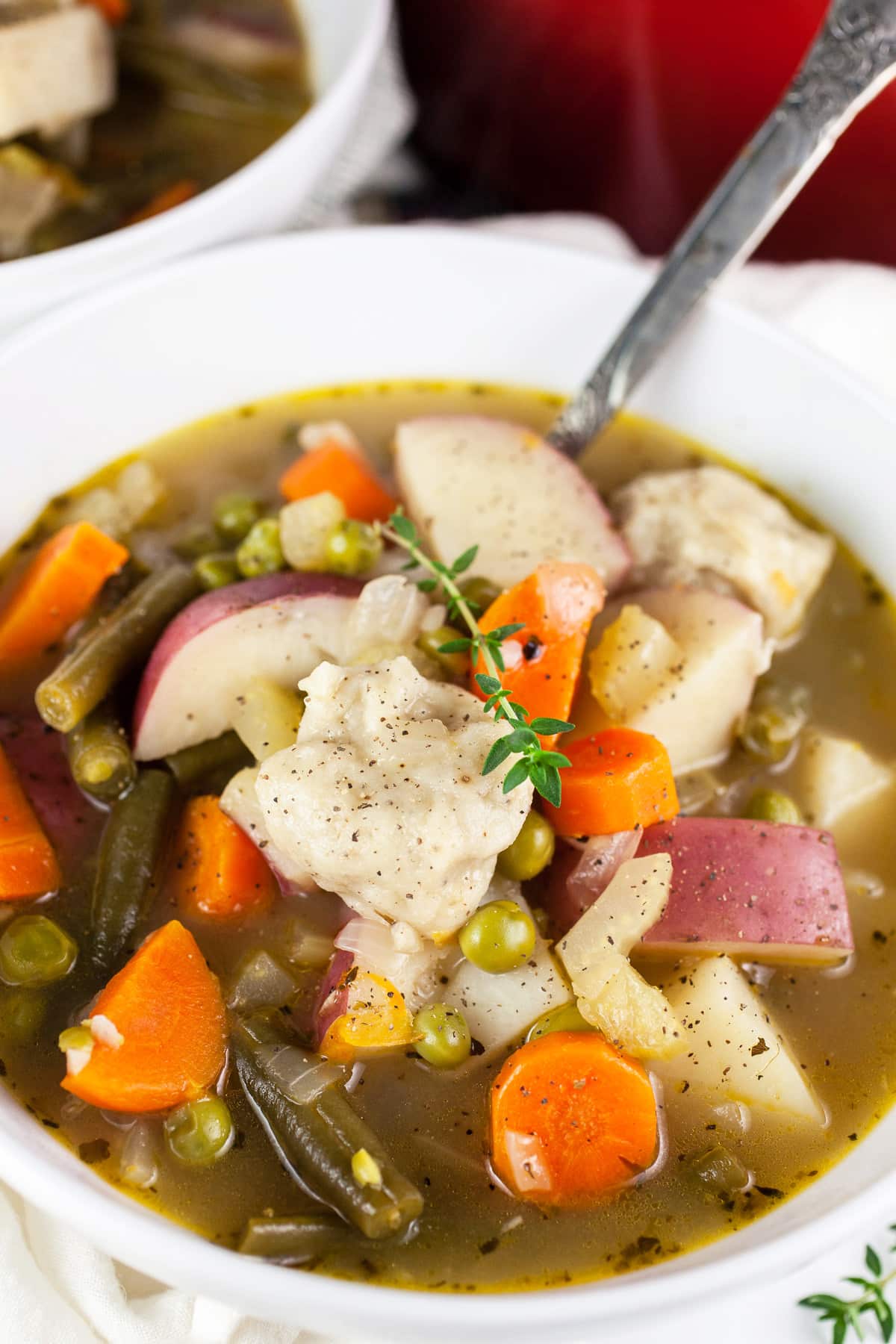 Vegetable stew with dumplings in white bowl.