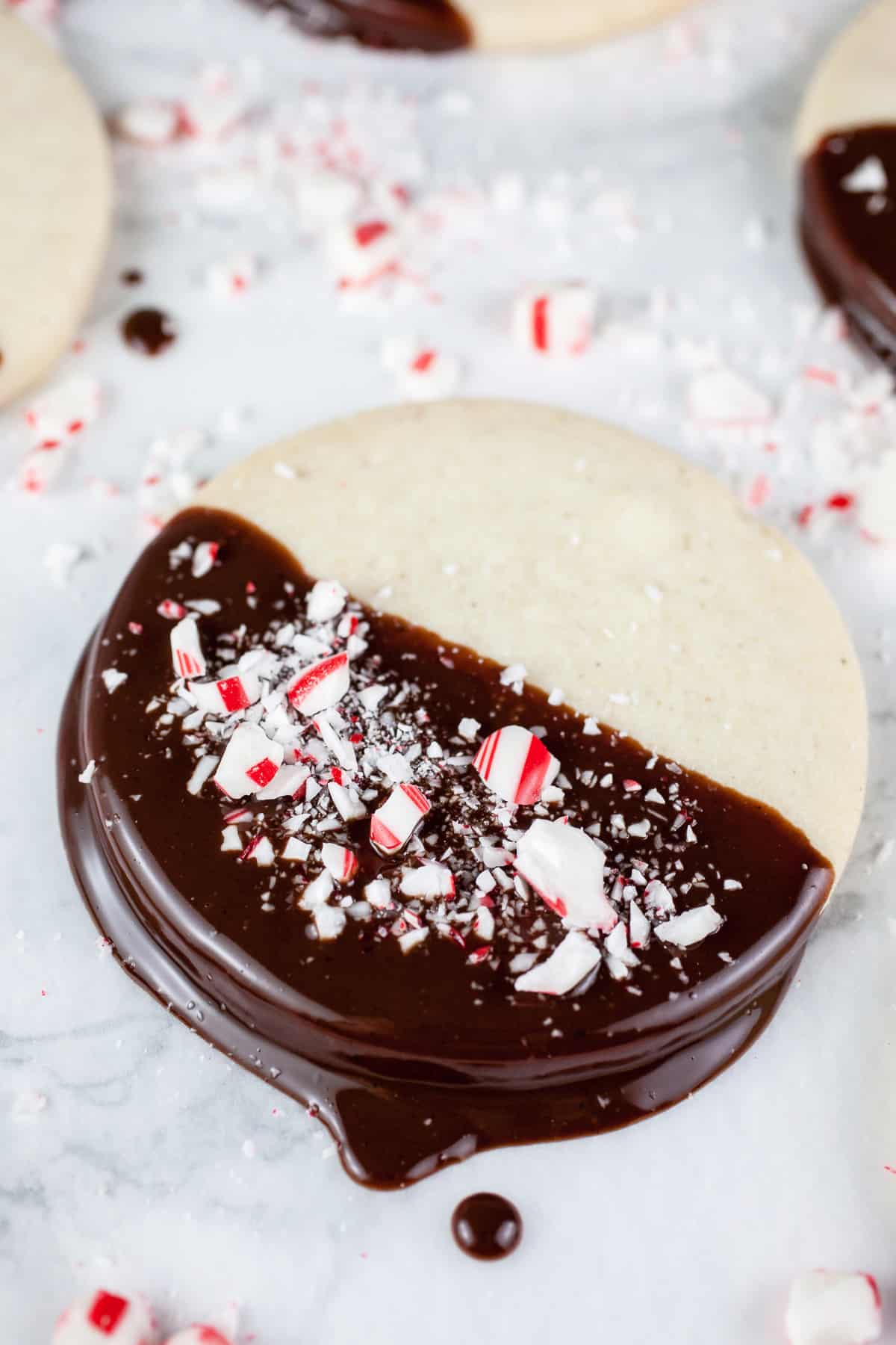 These Chocolate Dipped Peppermint Shortbread Cookies are the perfect easy, fun, and festive cookies for the holiday baking season! They're soft and buttery, dipped in a simple homemade chocolate ganache, and then sprinkled with peppermint candies. These classic Christmas treats melt in your mouth. The perfect recipe for holiday parties! #shortbread #peppermint #chocolate #cookies #christmas #holidays #easy #recipes Chocolate dipped peppermint shortbread cookies with peppermint candies.