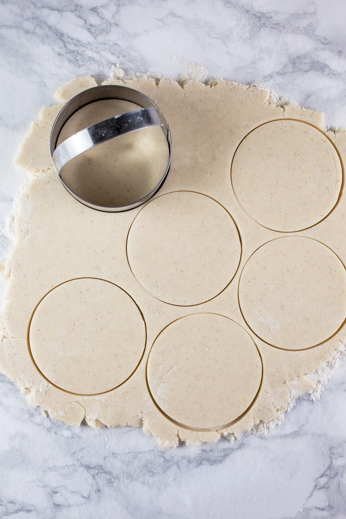 Shortbread dough rolled out and cut into circles with cookie cutter.