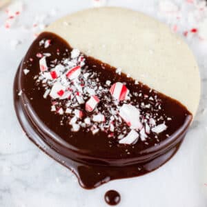 Chocolate dipped peppermint shortbread cookie.