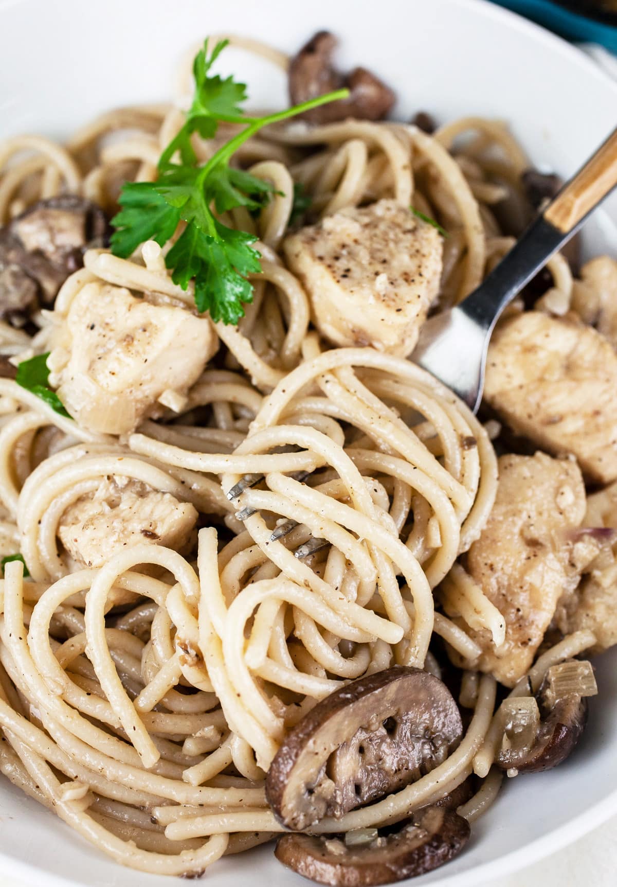 Chicken marsala pasta with fork in white bowl.