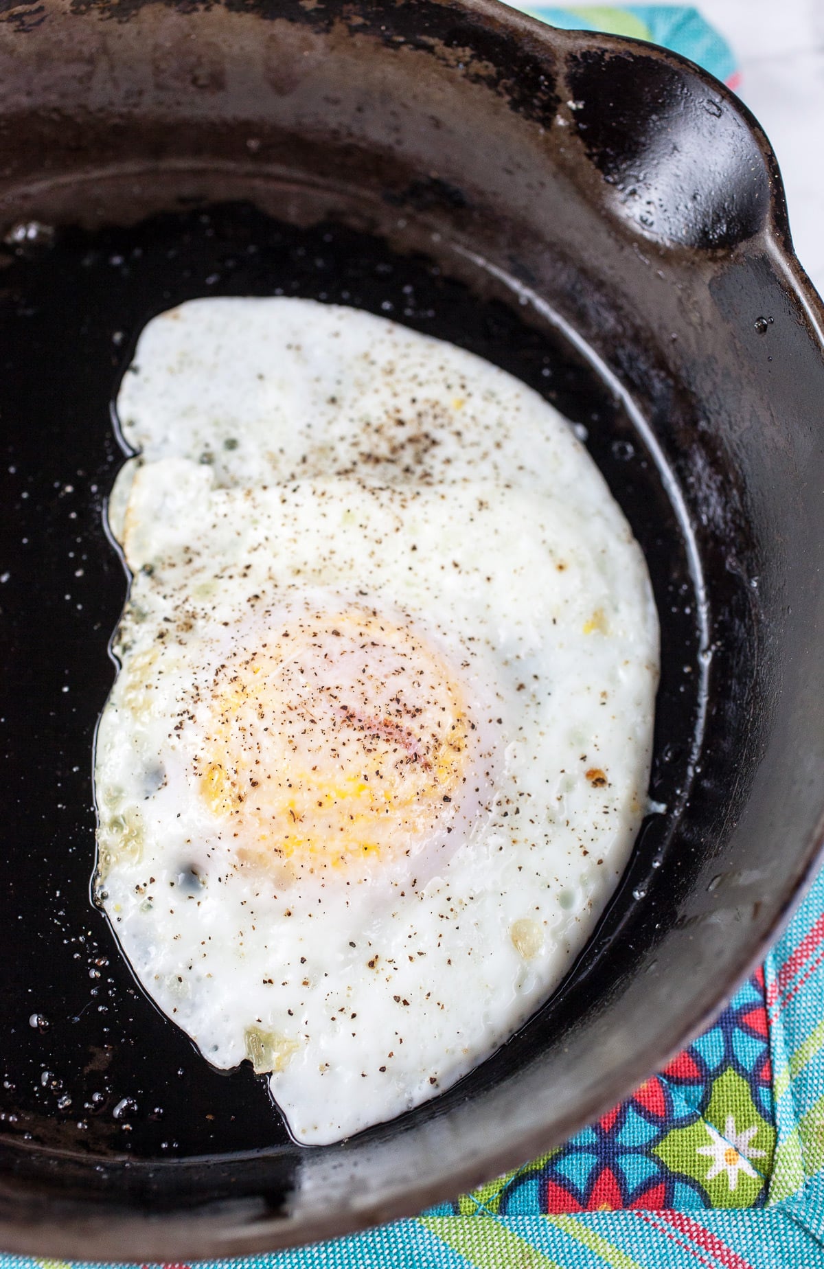 Over easy egg in small cast iron skillet.