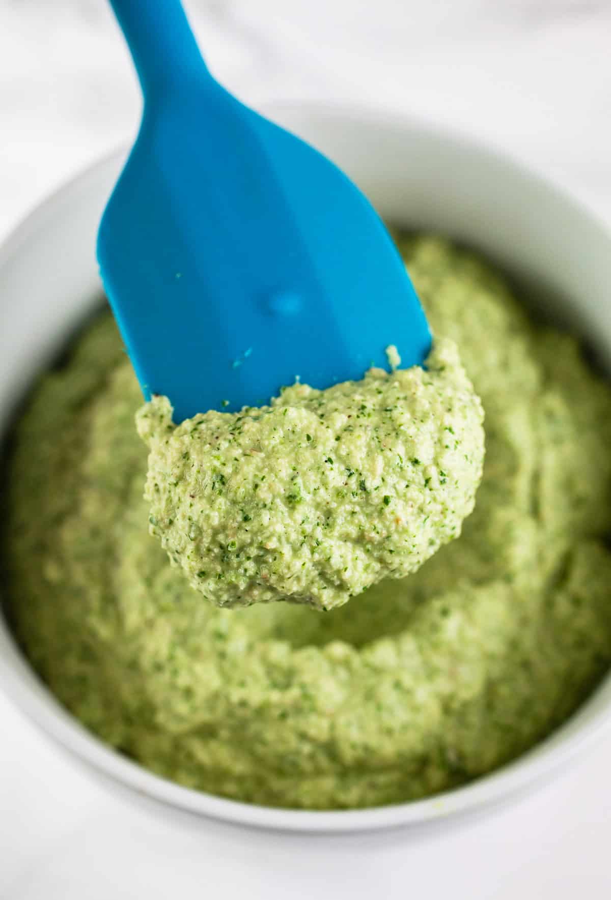 Cashew cilantro sauce on blue spatula lifted from small white bowl.