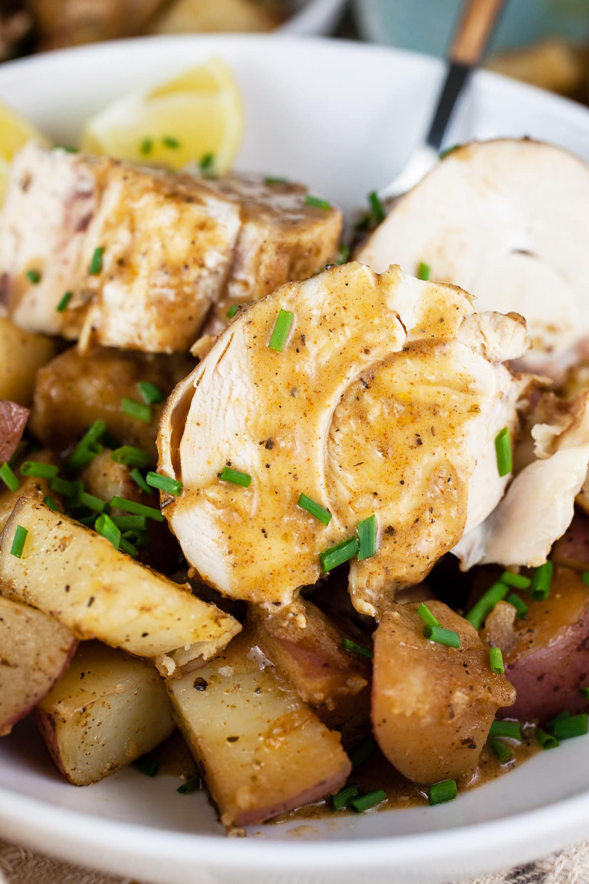 Dutch oven chicken and potatoes with sauce in white bowl.