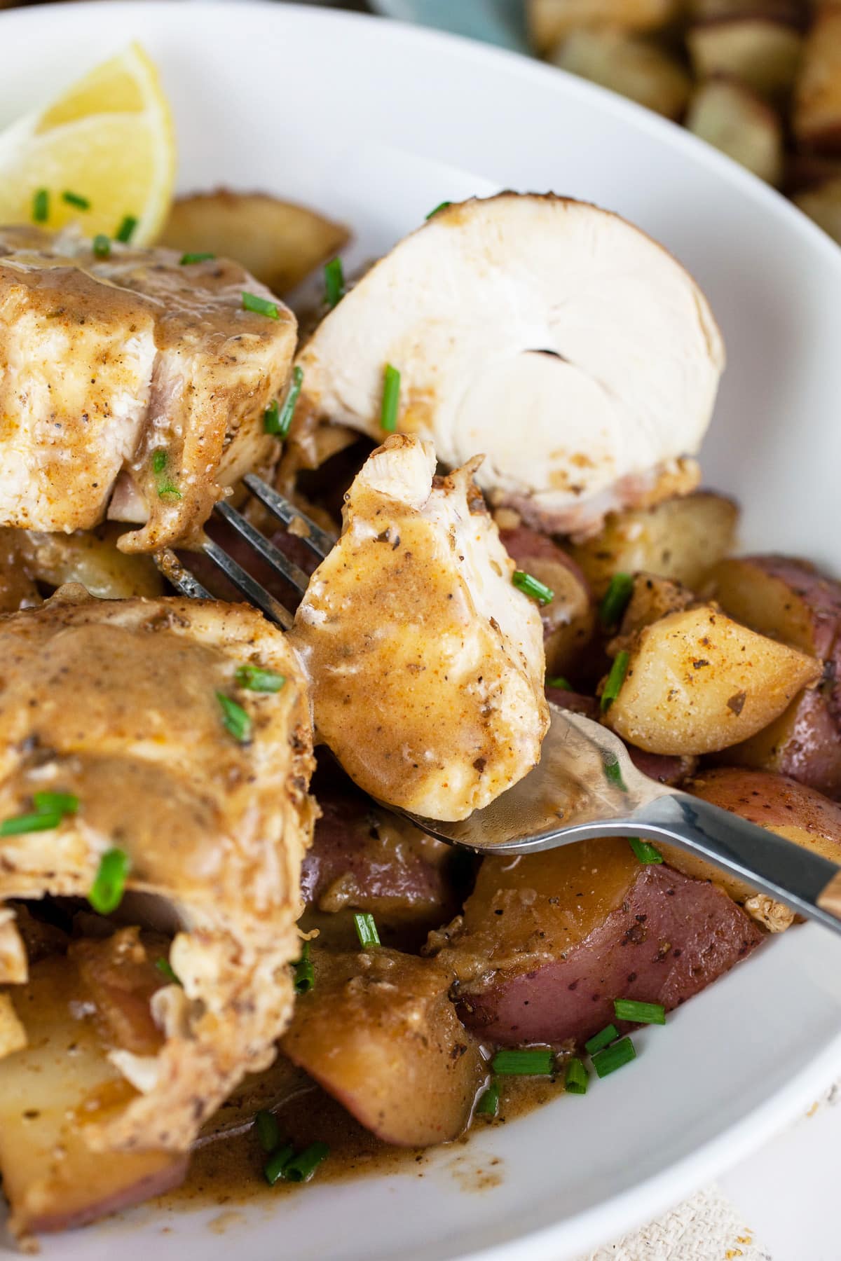 Chicken breasts, potatoes, and pan sauce in white bowl with fork.