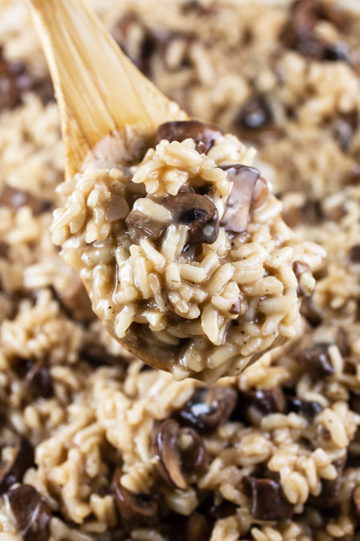 Scoop of mushroom risotto lifted from skillet on wooden spoon.