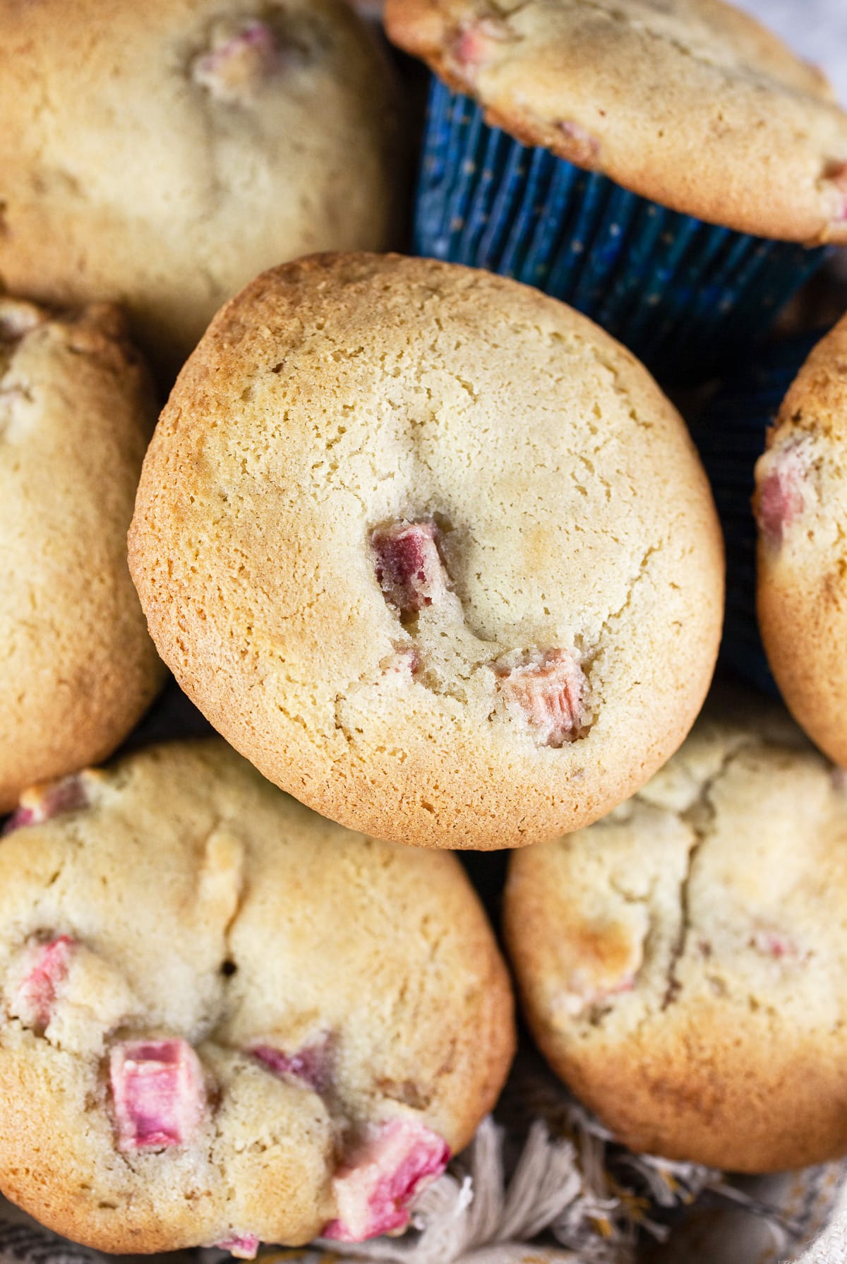 Rhubarb muffins in bowl with towel.