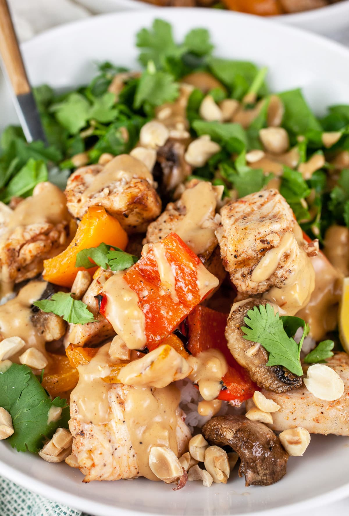 These Grilled Chicken Skewers with Thai Peanut Sauce make the perfect easy, healthy, and flavorful dinners! The chicken is prepared in a marinade so it is juicy and tender when grilled. The chicken skewers are served with peanut sauce. The peanut sauce is made with coconut milk and lime and is one of the best recipes around! Perfect for dinner or a BBQ. #chicken #skewers #thai #grilled #peanutsauce Thai grilled chicken bowl with fresh veggies and peanut sauce.