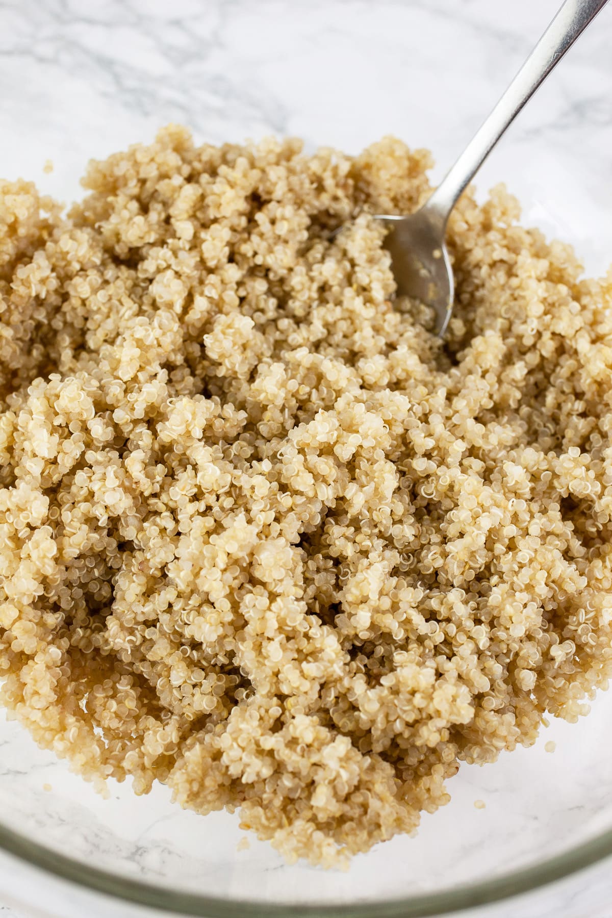 Cooked quinoa in large glass bowl with spoon.