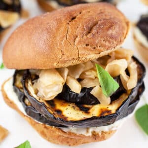 Grilled eggplant sandwich with kimchi and Thai basil.