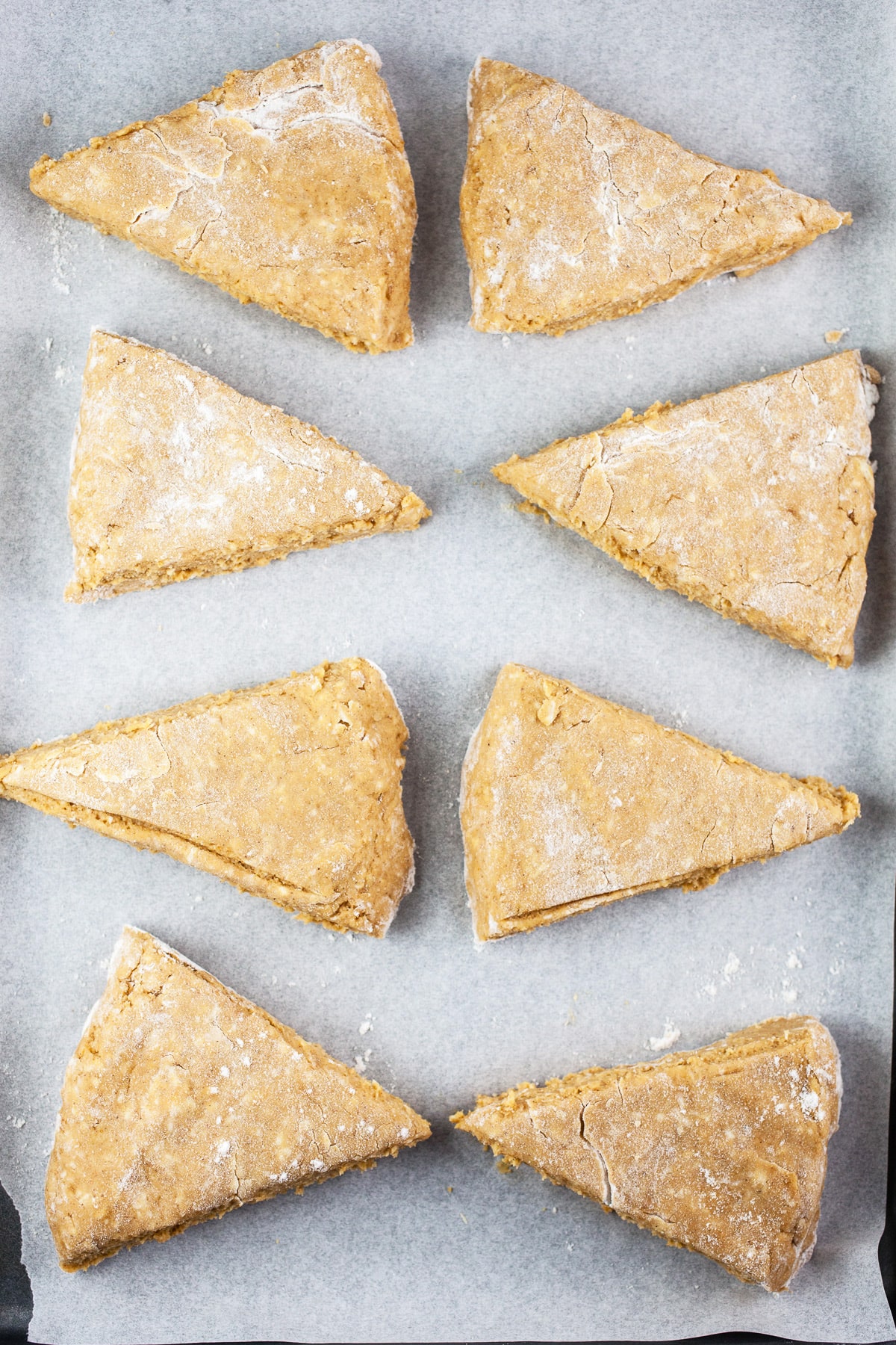 Unbaked scones on parchment paper lined baking sheet.