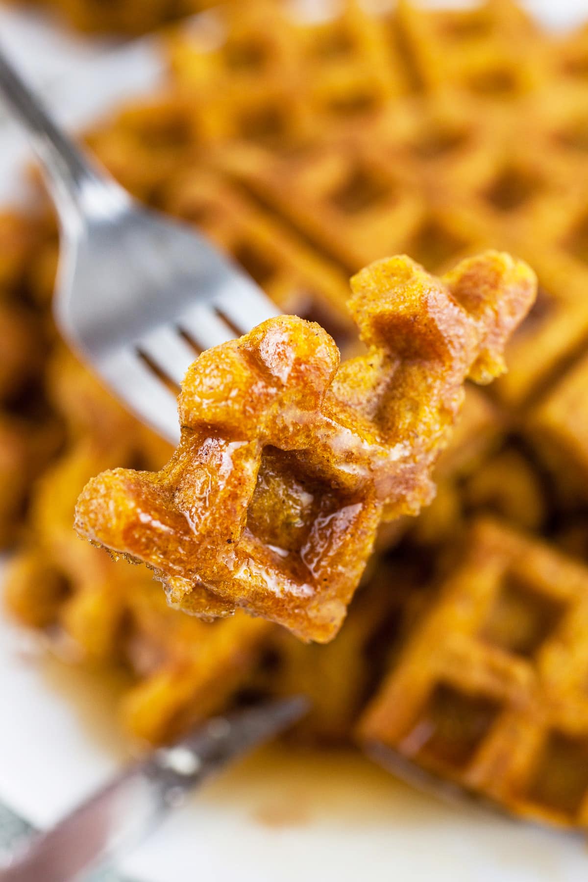 Piece of pumpkin waffle on fork lifted from white plate.