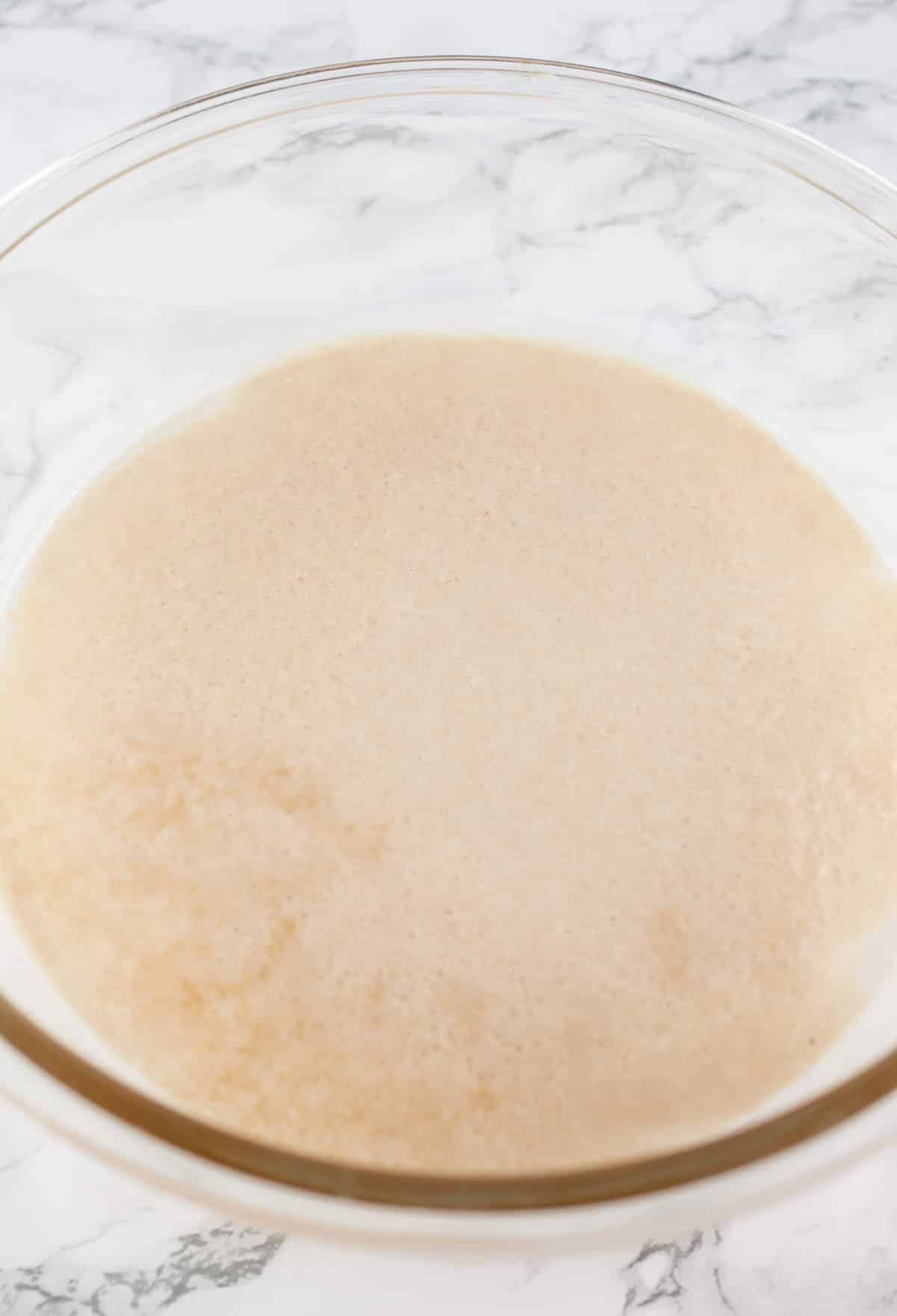 Water and yeast in glass bowl.