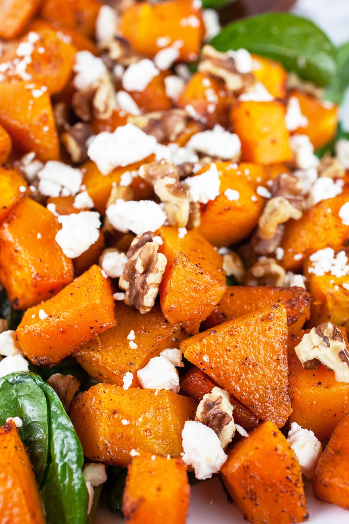 This Spiced Butternut Squash Salad is the perfect healthy vegetarian and gluten free fall recipe! It's got butternut squash roasted in spices like smoked paprika and garlic, spinach, and a maple syrup Dijon mustard dressing. It's finished with feta cheese and walnuts. It makes a great side dish for holiday parties and Thanksgiving dinner! #butternut #squash #salad #maple #feta #recipes #healthy #vegetarian #glutenfree Butternut squash salad with greens, walnuts, and feta.