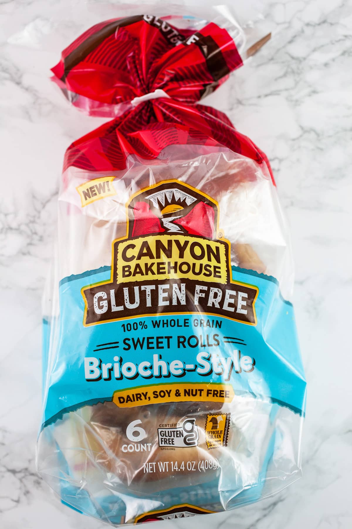 Package of Canyon Bakehouse gluten free brioche buns.