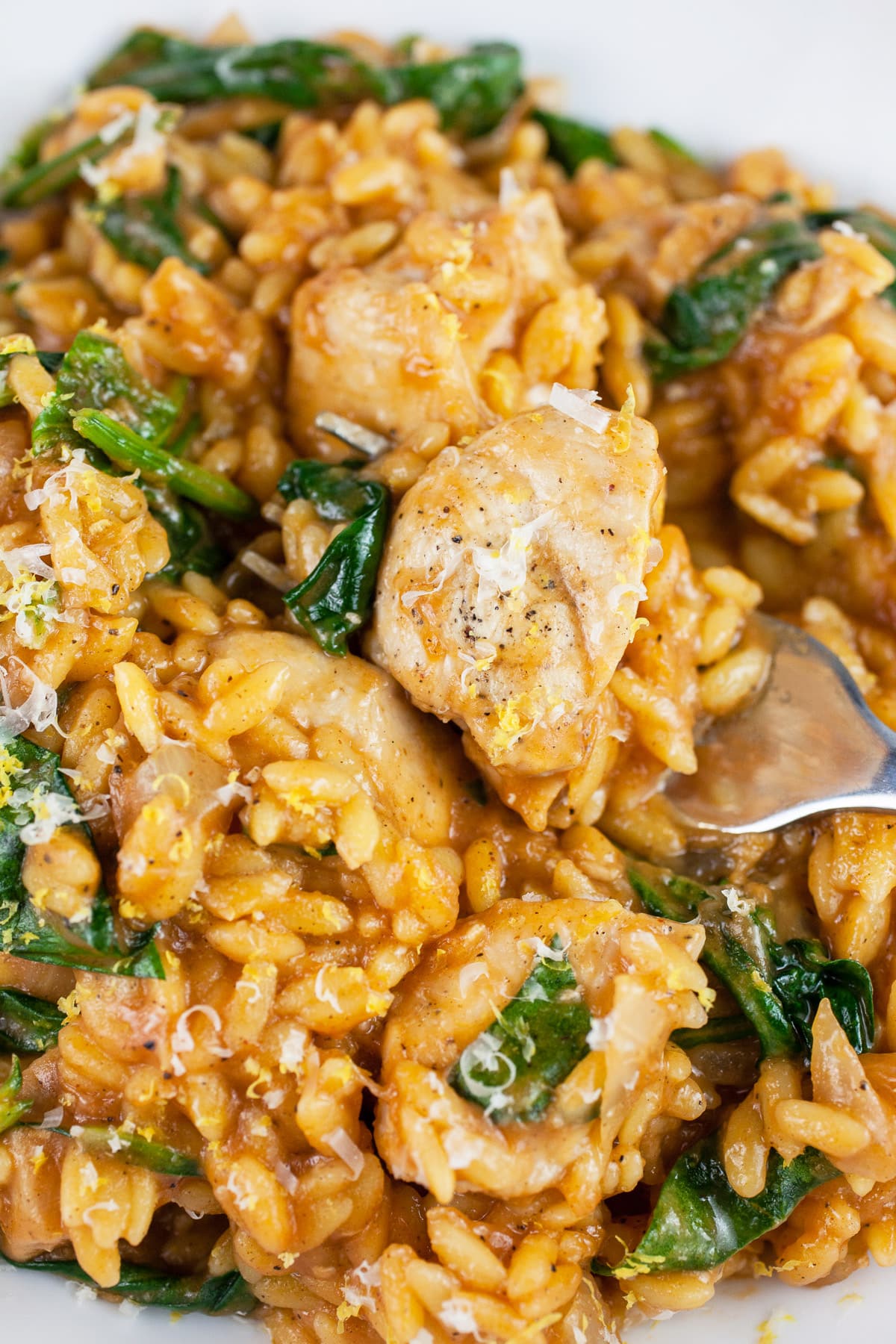 Cajun chicken spinach orzo pasta in bowl with fork.